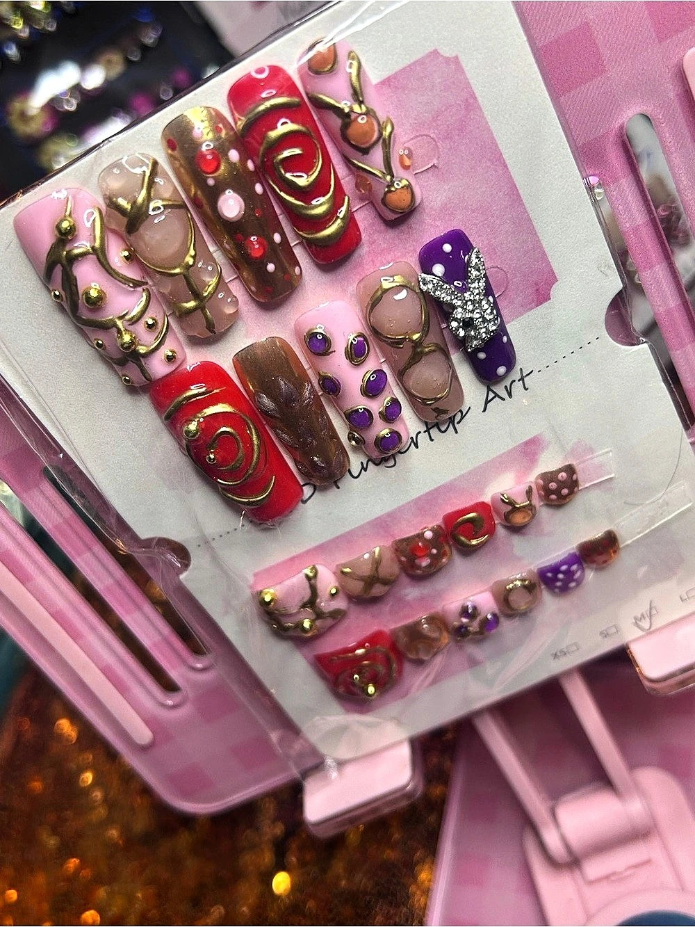 Abstract Pink & Red Press-On Nails NWT